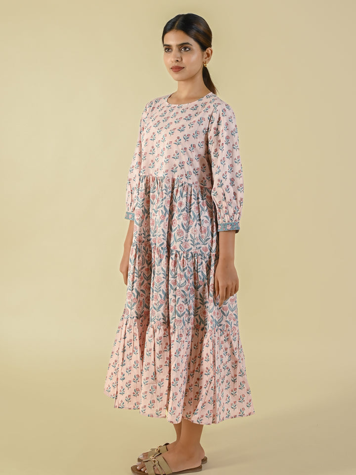 Hand block printed tiered cotton dress