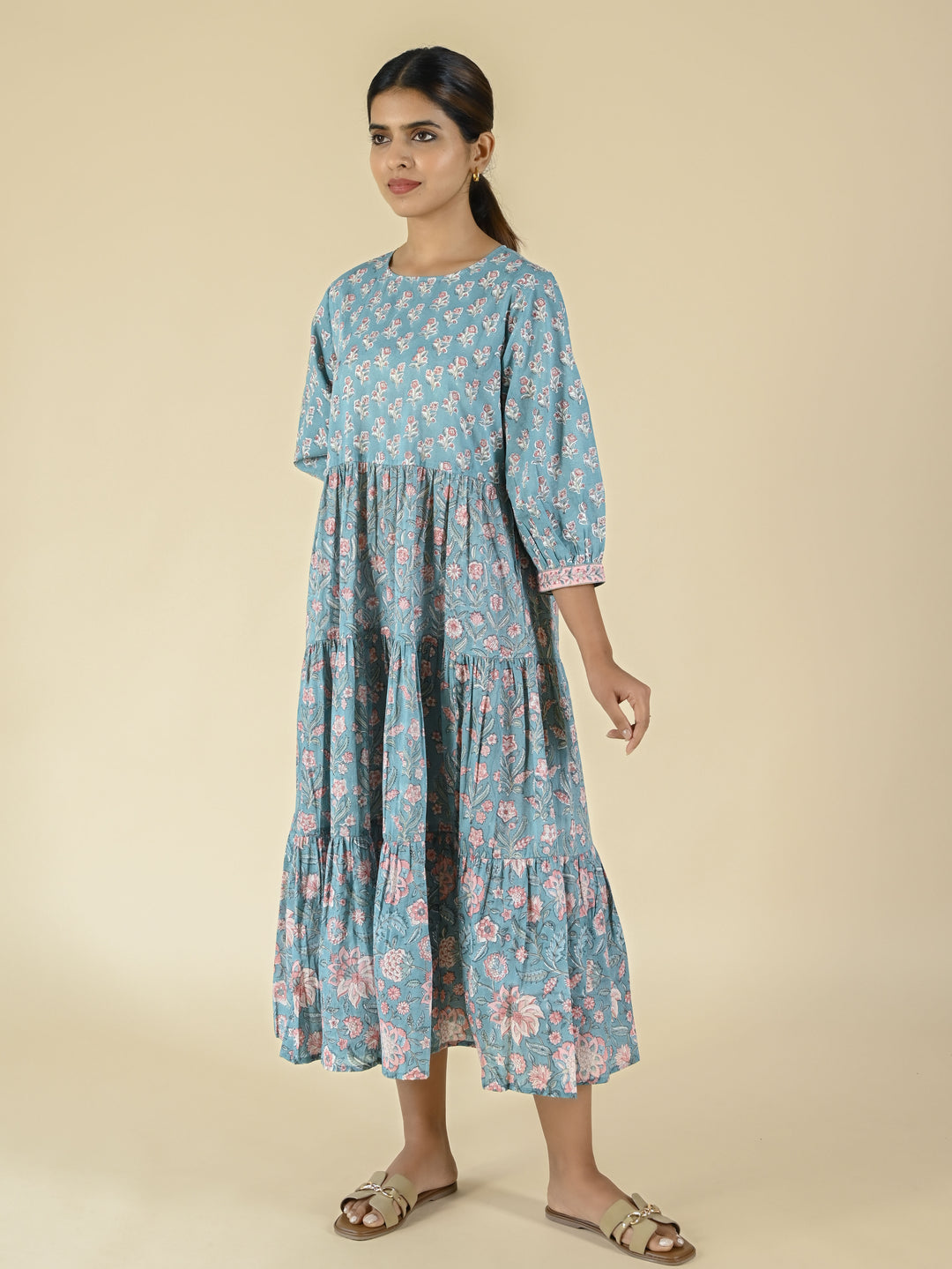 Hand block printed tiered cotton dress
