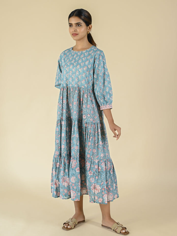 Hand block printed tiered cotton dress