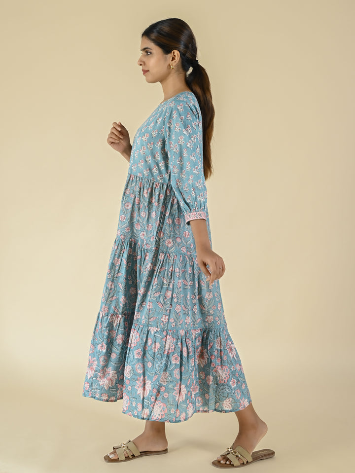 Hand block printed tiered cotton dress