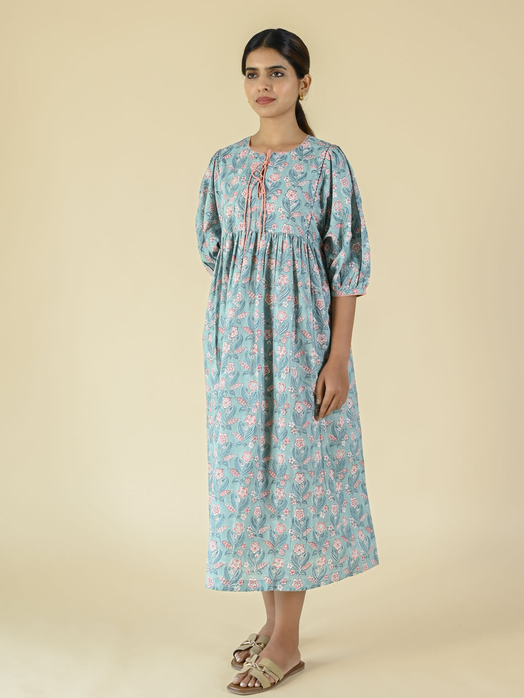 Sky blue motif printed cotton dress