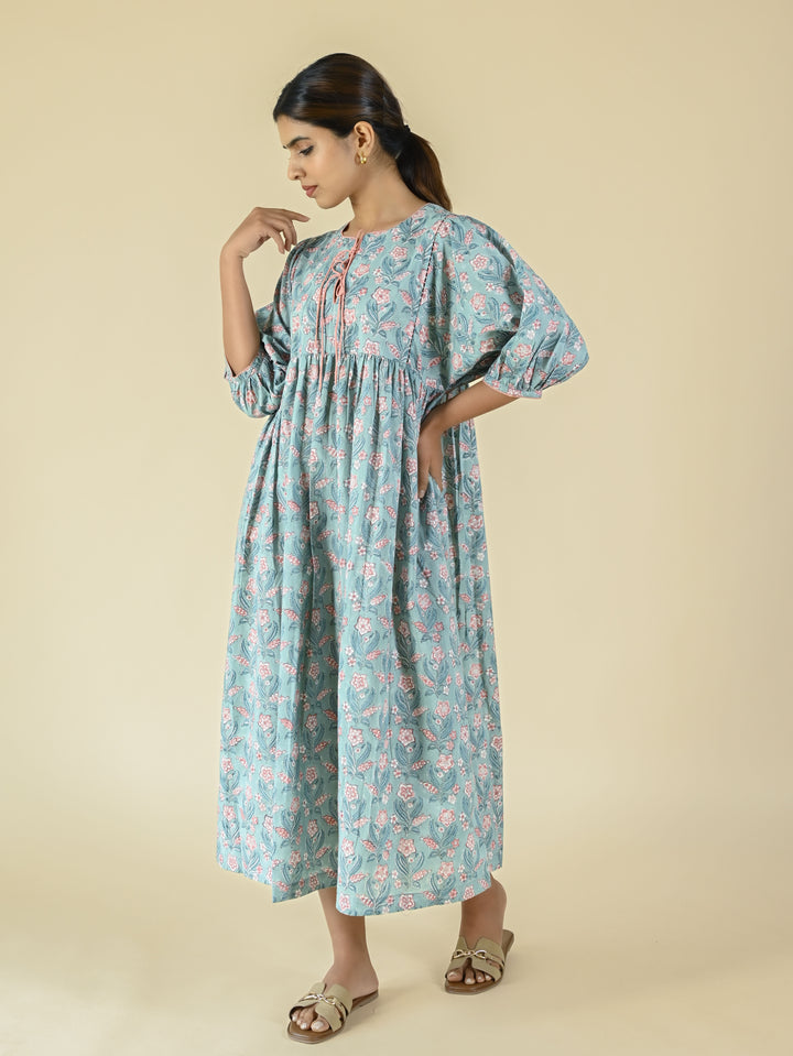 Sky blue motif printed cotton dress