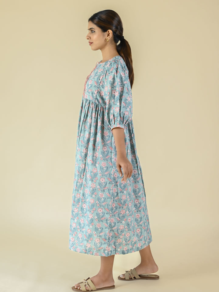 Sky blue motif printed cotton dress
