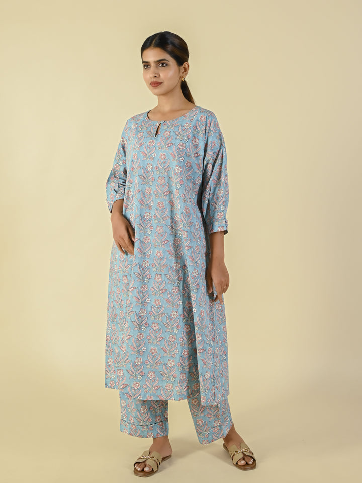 Sea blue hand block printed cotton co-ord set