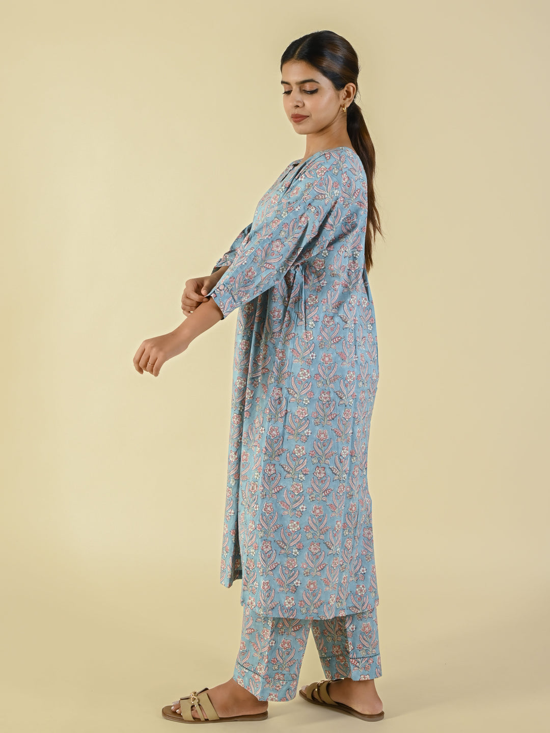 Sea blue hand block printed cotton co-ord set