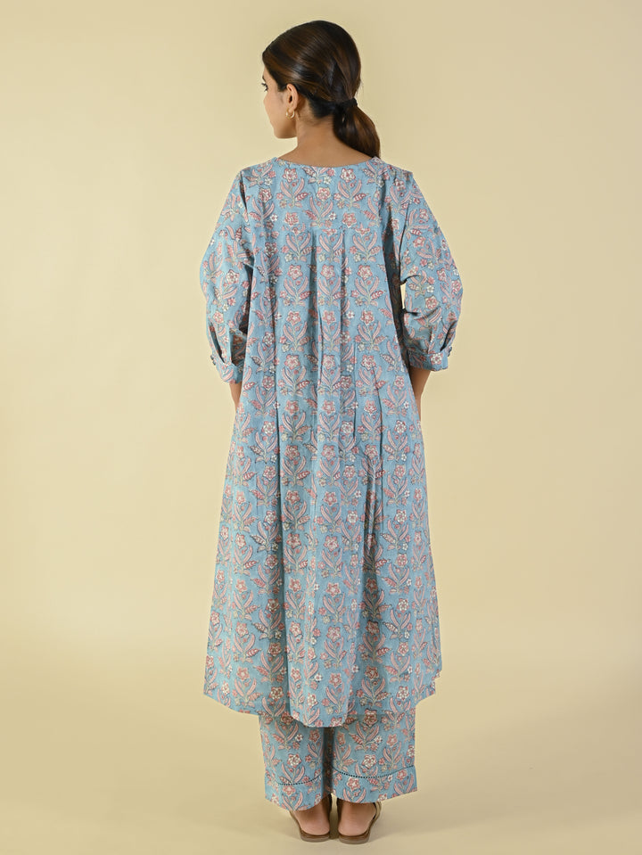 Sea blue hand block printed cotton co-ord set