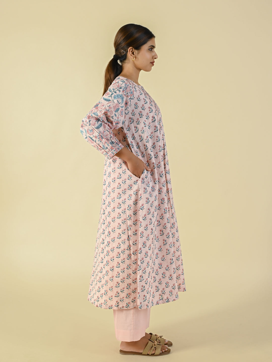 Soft pink cotton hand block printed tunic