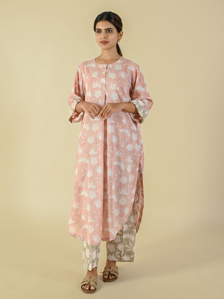Pink & beige hand block printed cotton co-ord set