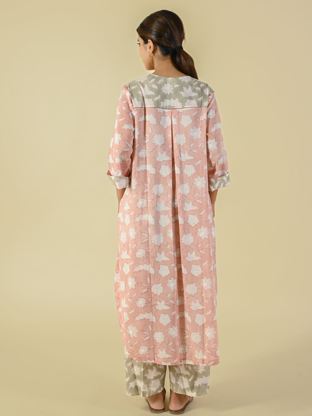 Pink & beige hand block printed cotton co-ord set