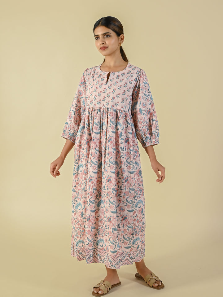 Pink hand block printed cotton dress