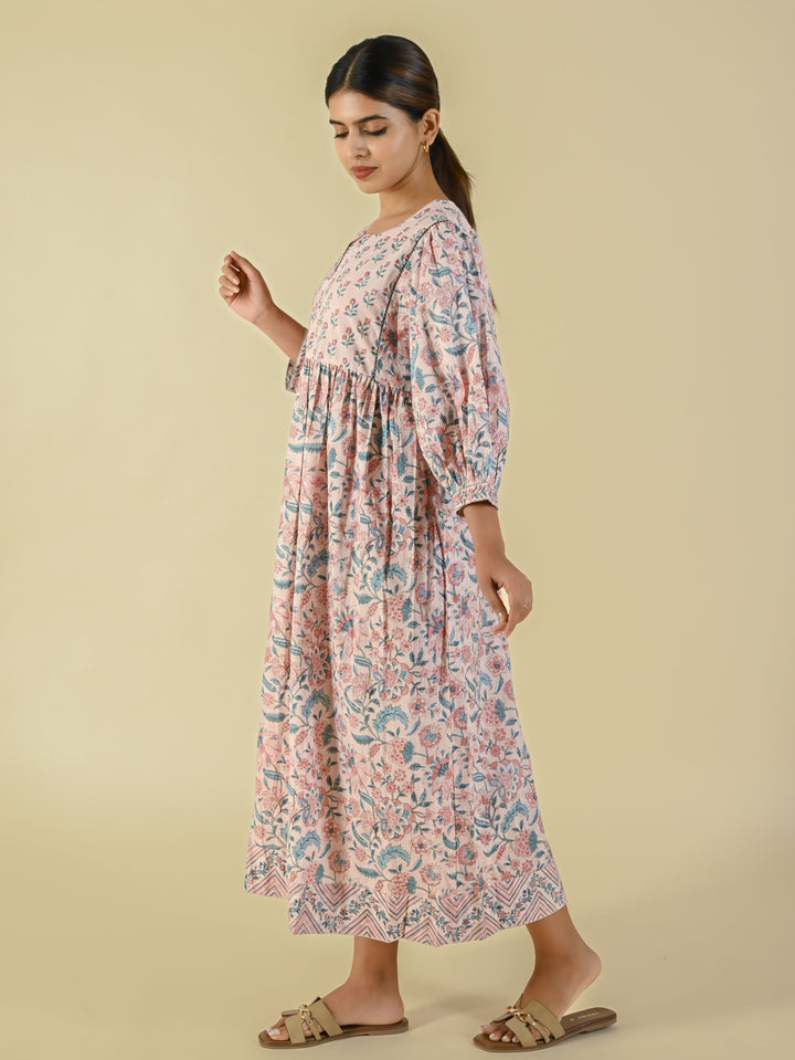 Pink hand block printed cotton dress