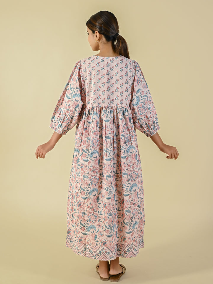 Pink hand block printed cotton dress