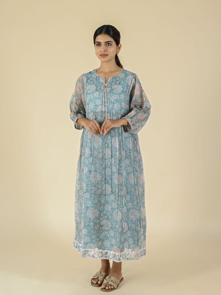 Misty blue hand block printed kota dress