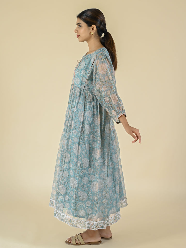 Misty blue hand block printed kota dress