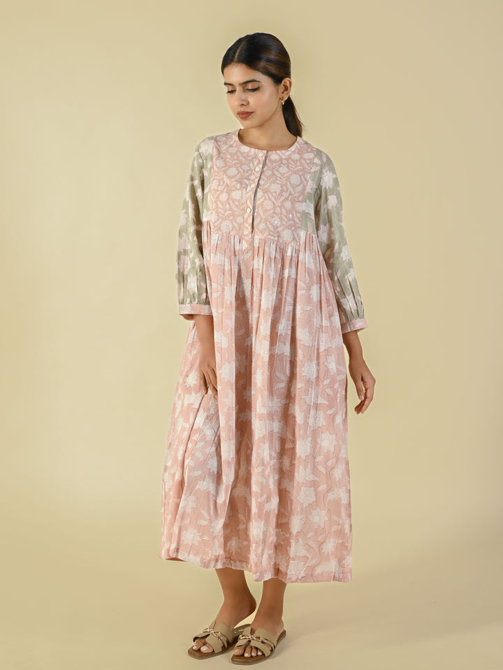 Baby pink hand block printed cotton dress