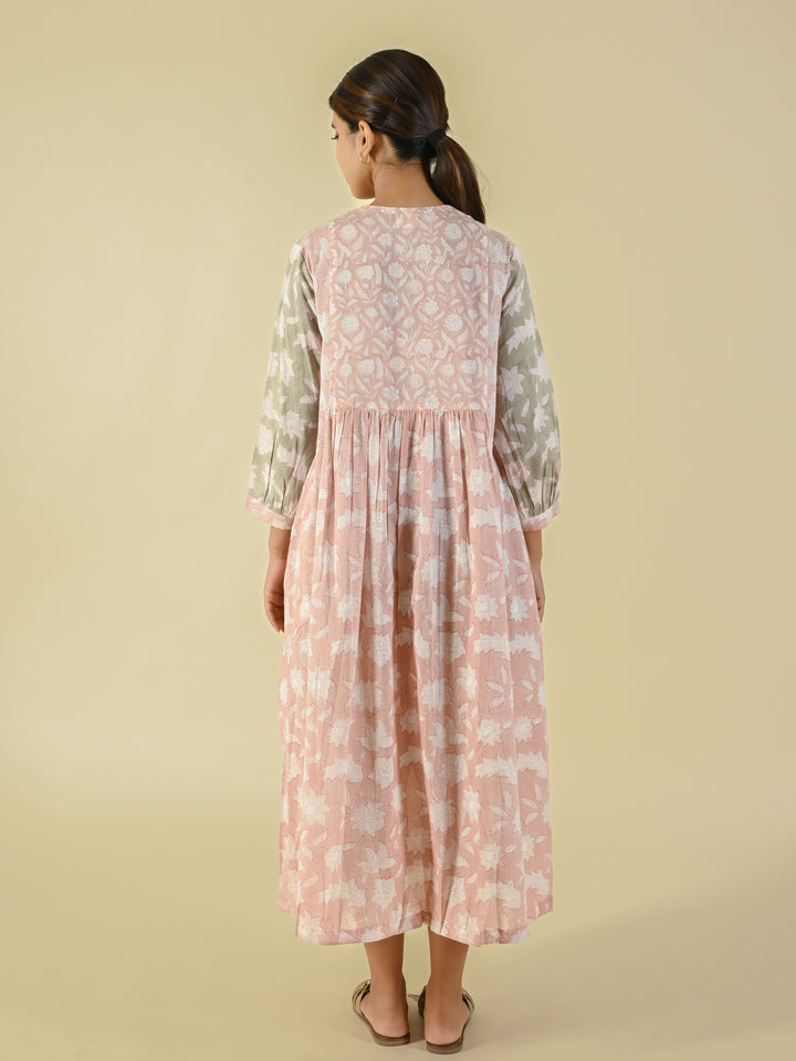 Baby pink hand block printed cotton dress