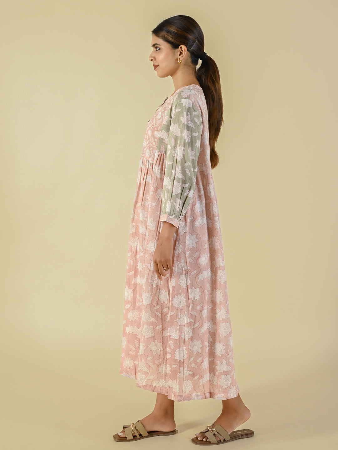 Baby pink hand block printed cotton dress