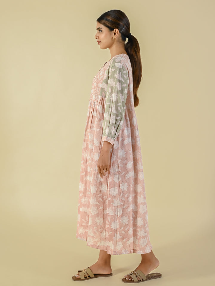 Baby pink hand block printed cotton dress