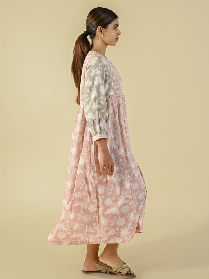 Baby pink hand block printed cotton dress