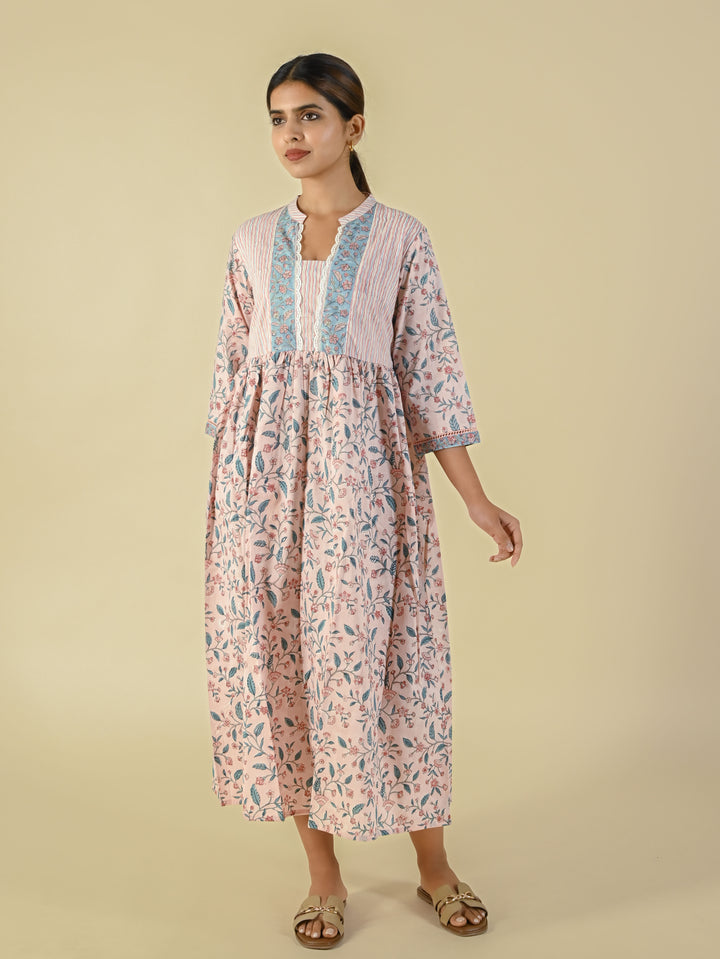 Baby pink hand block printed cotton dress