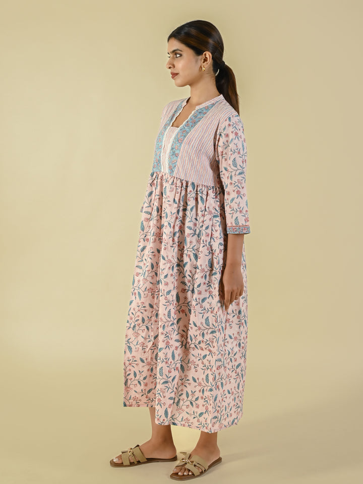 Baby pink hand block printed cotton dress
