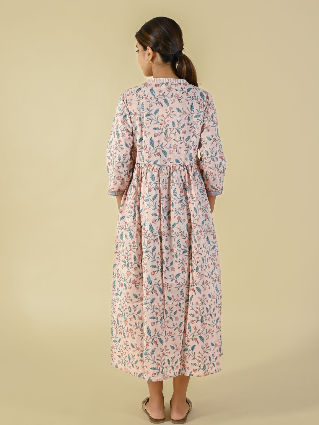 Baby pink hand block printed cotton dress