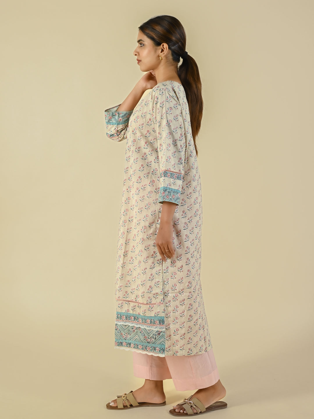 Beige hand block printed cotton tunic