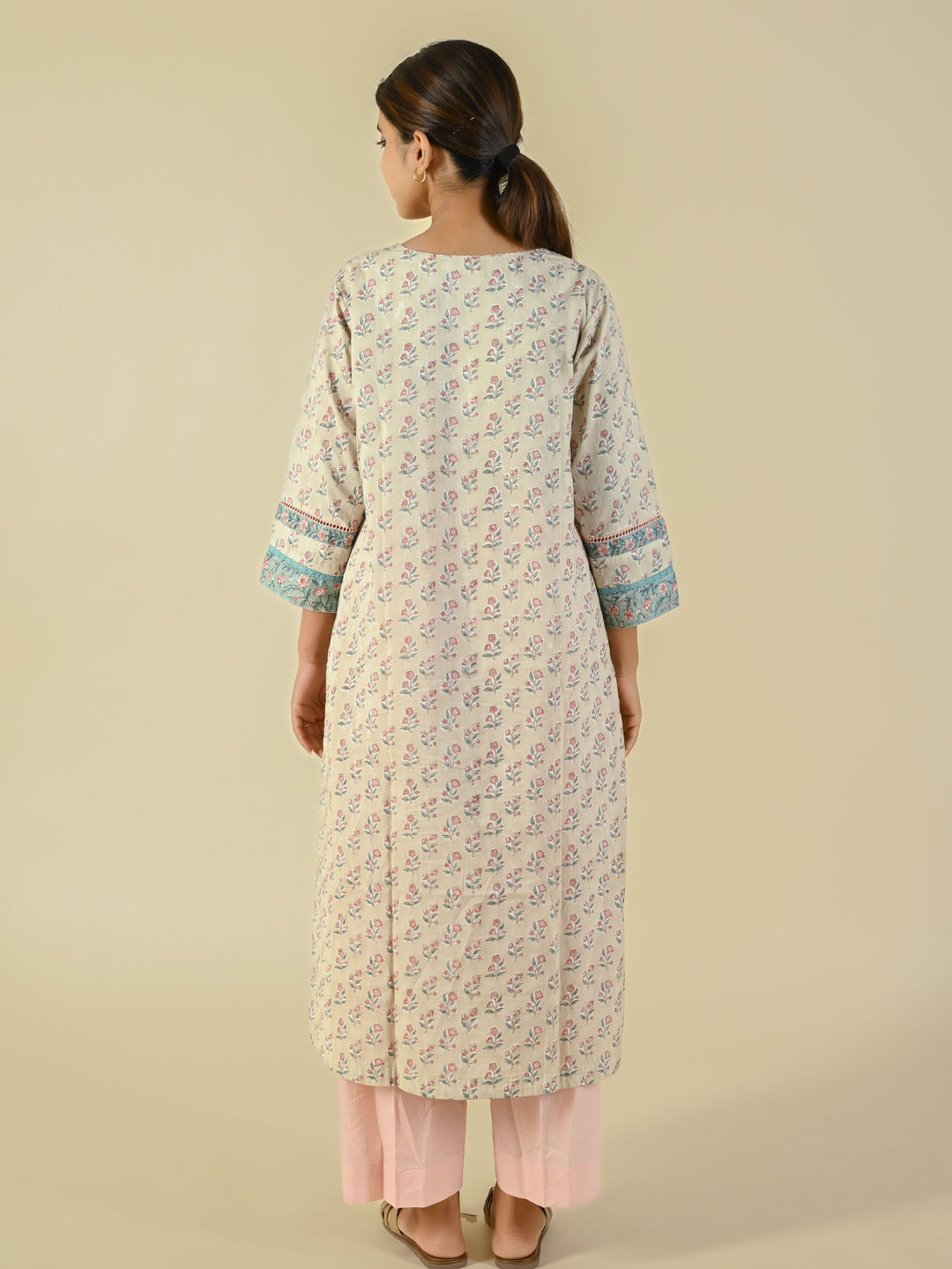 Beige hand block printed cotton tunic