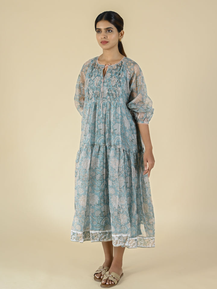 sky blue printed kota gathered dress