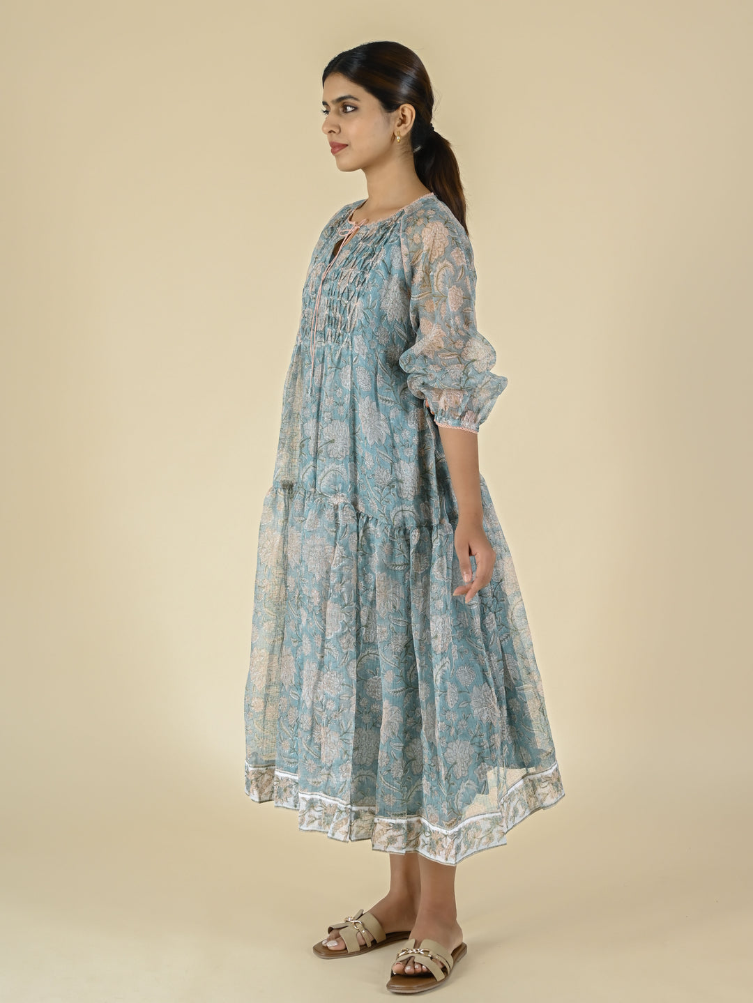 sky blue printed kota gathered dress