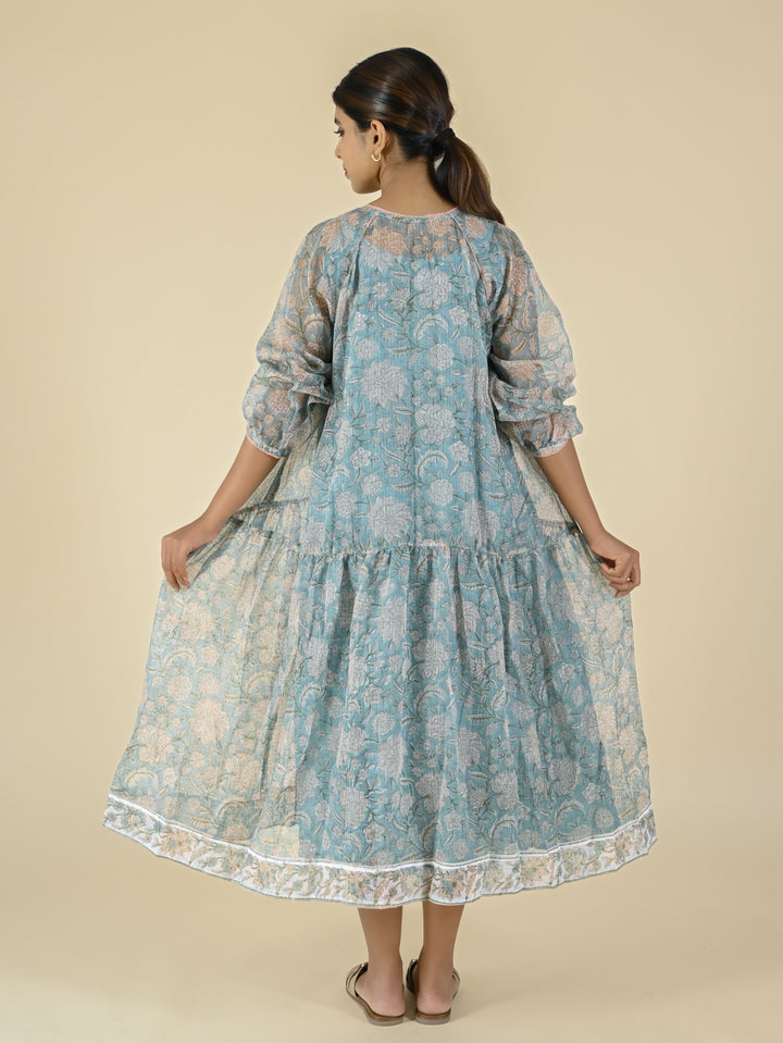 sky blue printed kota gathered dress