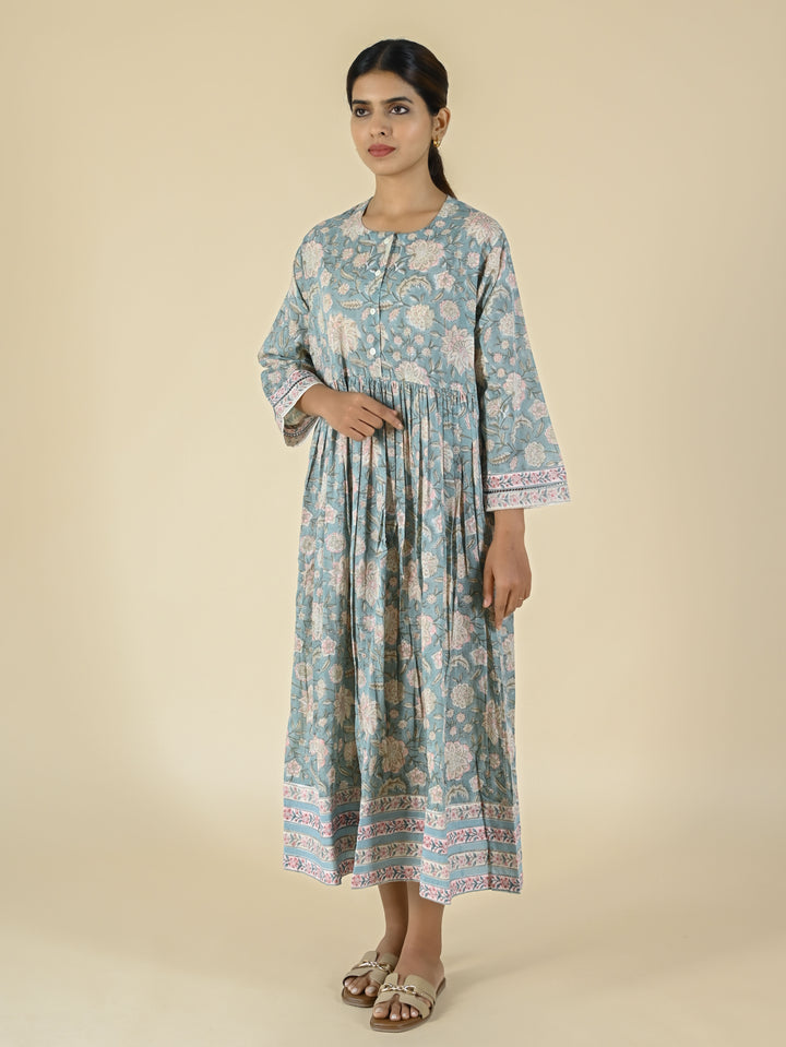 Light stone blue hand block printed cotton dress