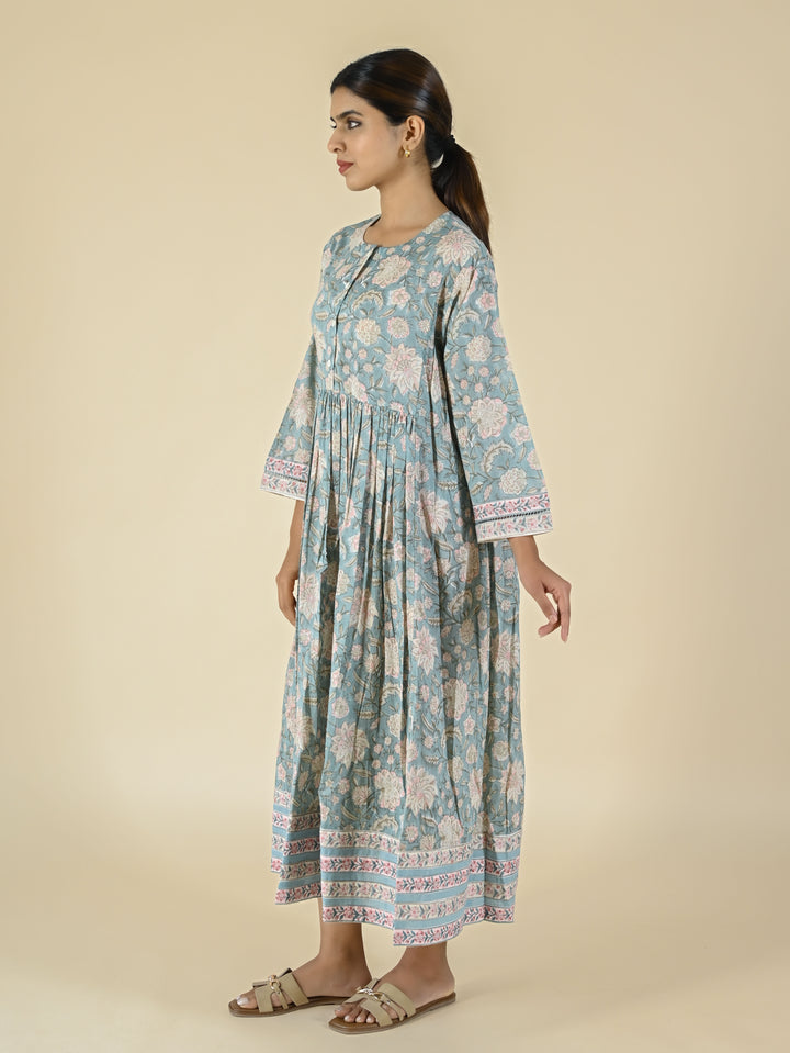 Light stone blue hand block printed cotton dress