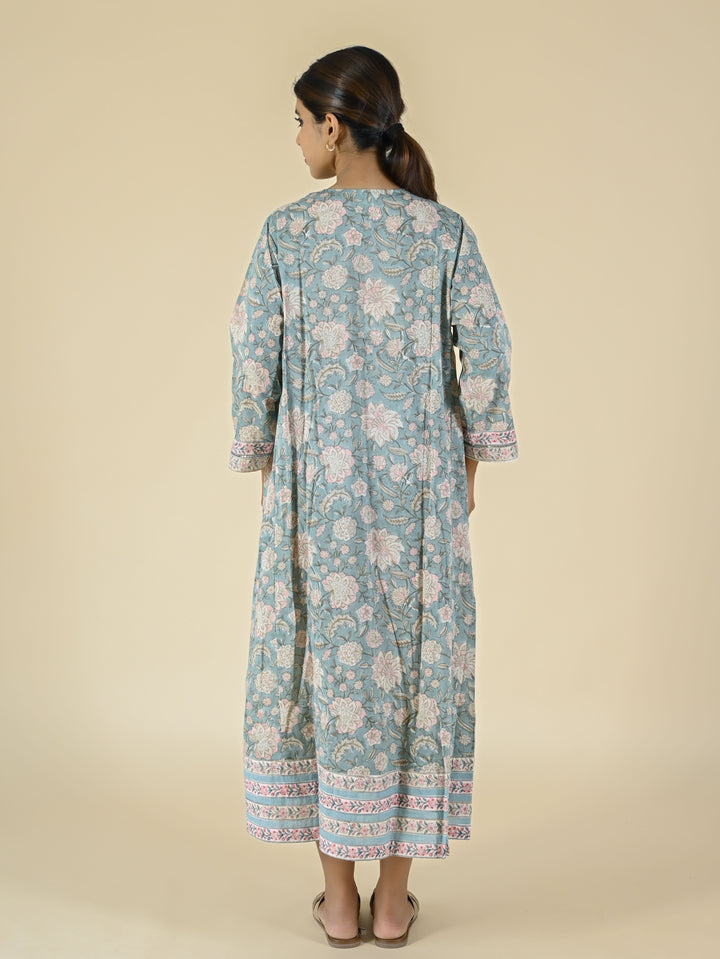 Light stone blue hand block printed cotton dress