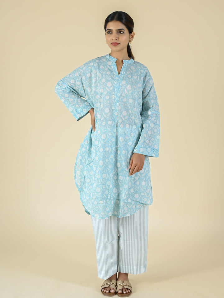 Light blue hand block printed cotton tunic set