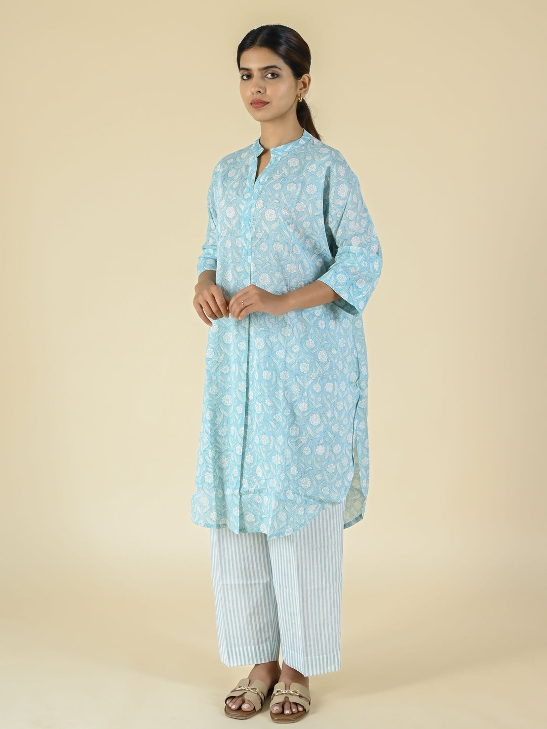 Light blue hand block printed cotton tunic set