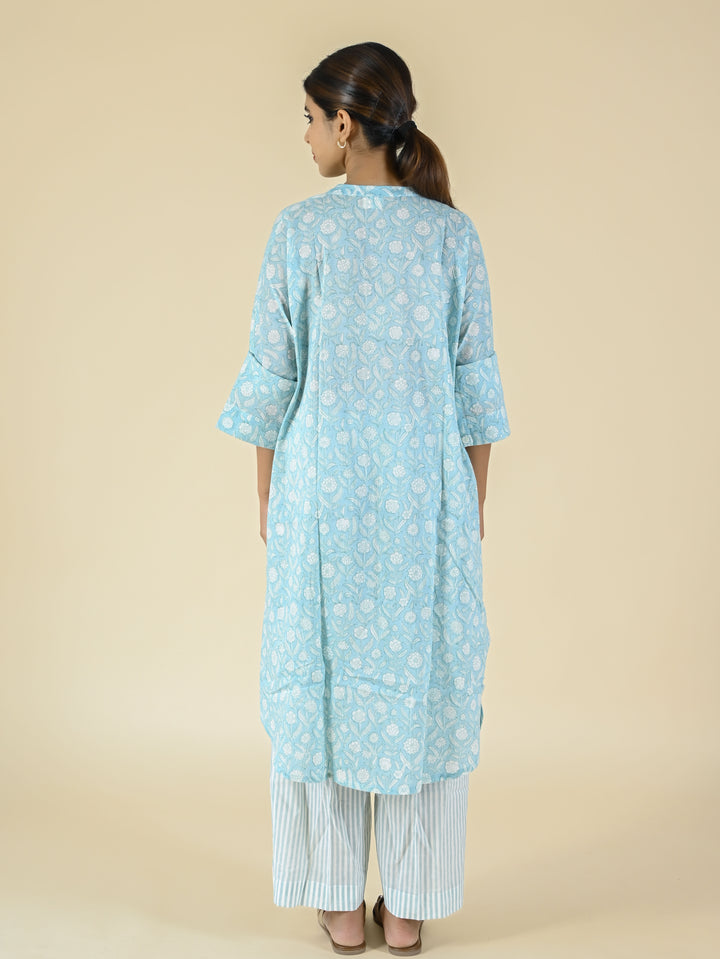 Light blue hand block printed cotton tunic set