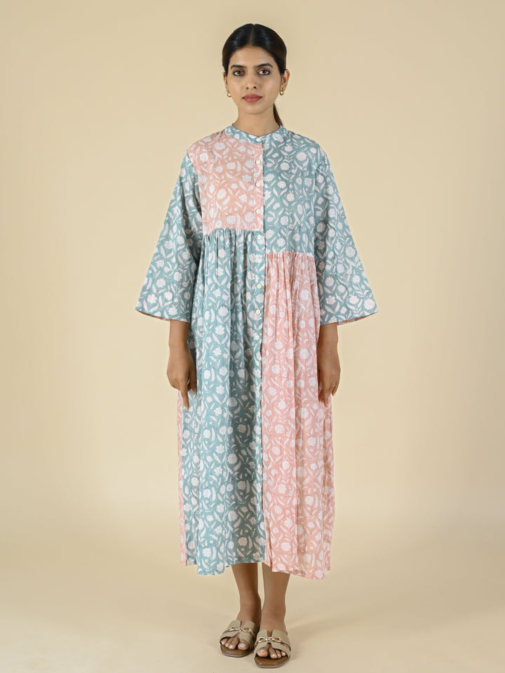 Gathered cotton block printed patch dress