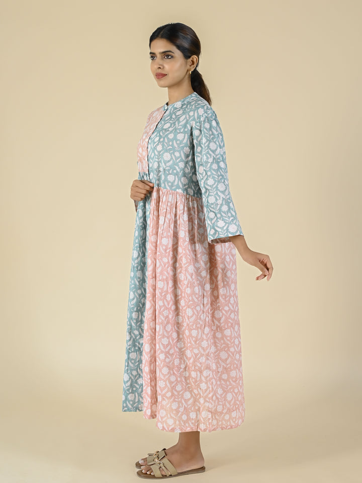 Gathered cotton block printed patch dress