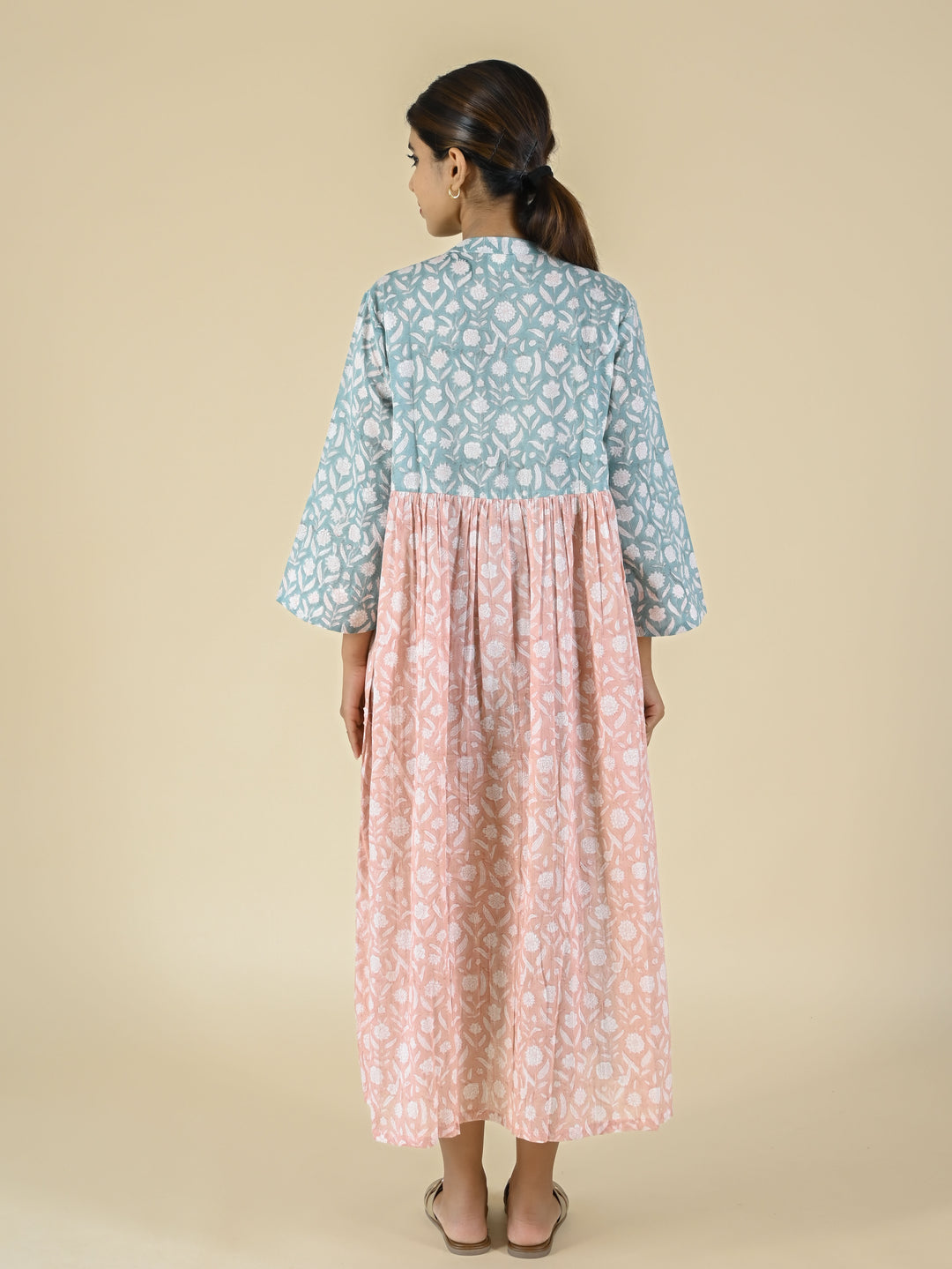 Gathered cotton block printed patch dress