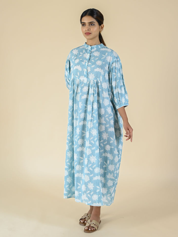 Sky blue hand block printed cotton dress