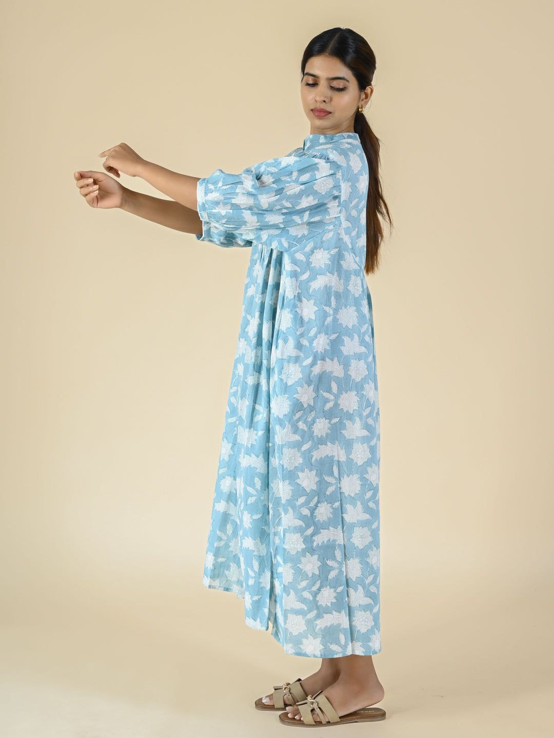 Sky blue hand block printed cotton dress