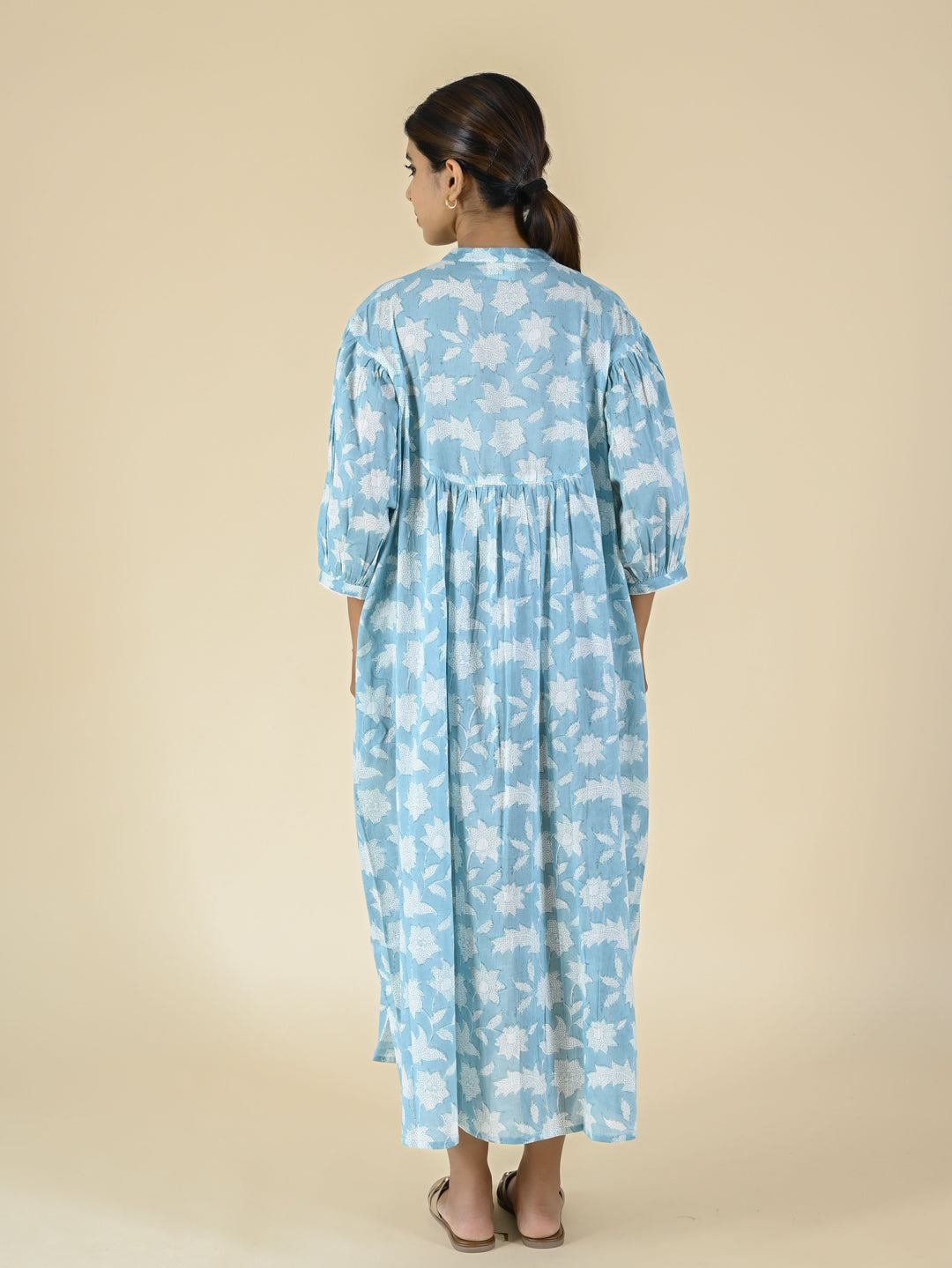 Sky blue hand block printed cotton dress