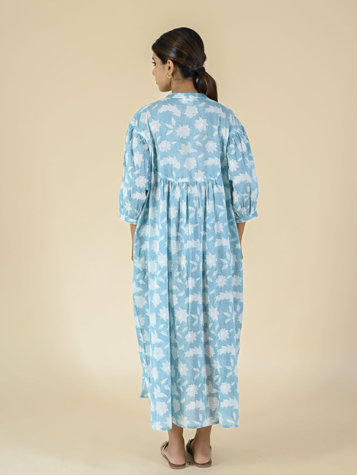 Sky blue hand block printed cotton dress