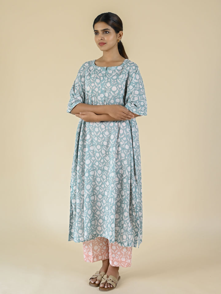 Blue & pink hand block  printed cotton co-ord set