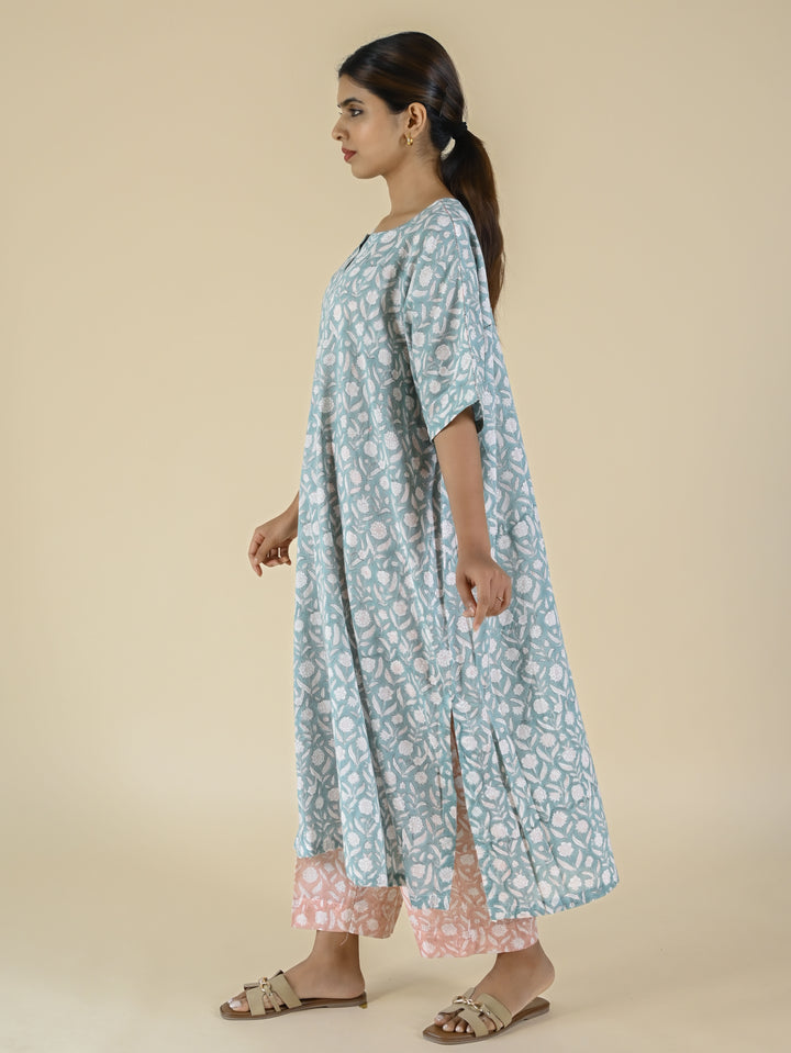 Blue & pink hand block  printed cotton co-ord set