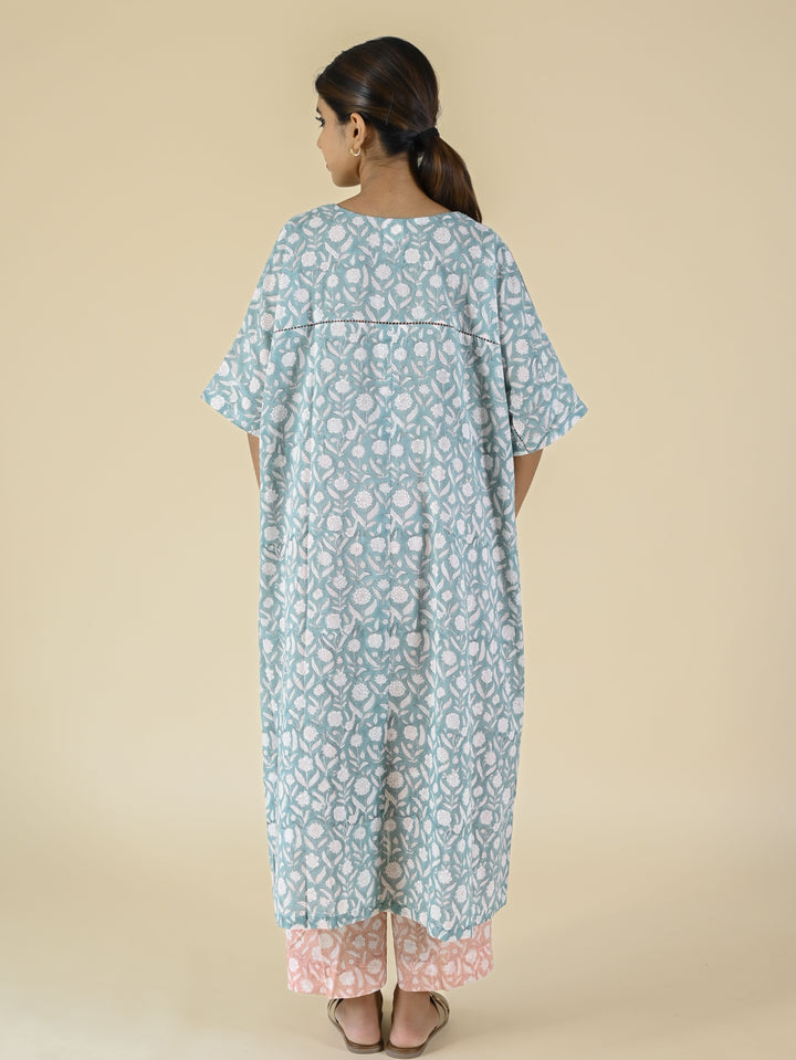 Blue & pink hand block  printed cotton co-ord set