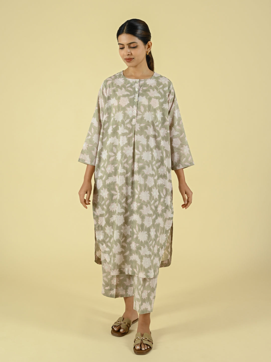 Pink & beige hand block printed cotton co-ord set
