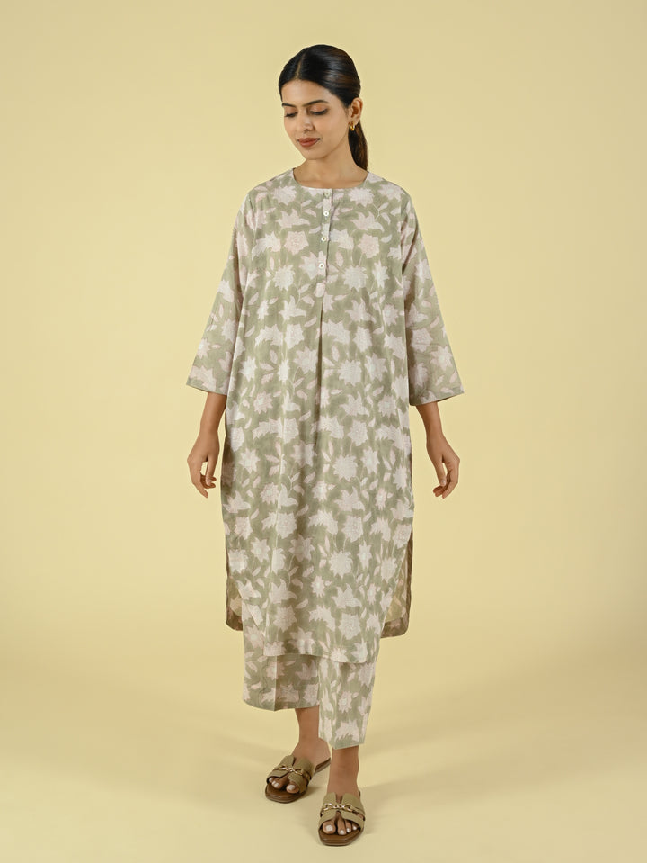 Pink & beige hand block printed cotton co-ord set