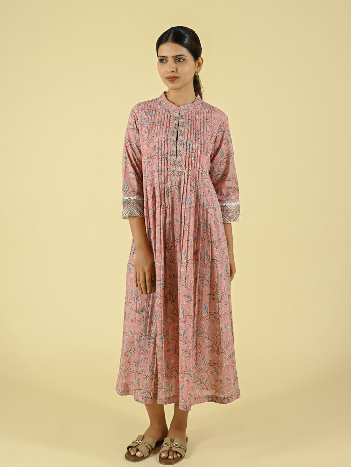 Hand block printed cotton gathered dress